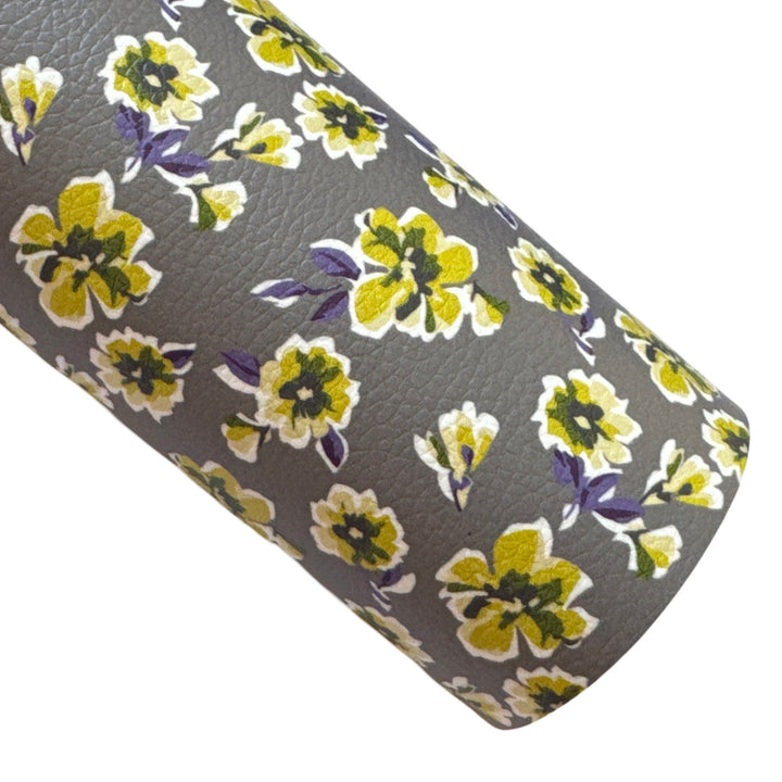 Grey Mustard Floral Print Faux Leather Fabric