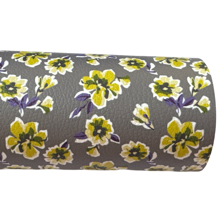 Grey Mustard Floral Print Faux Leather Fabric