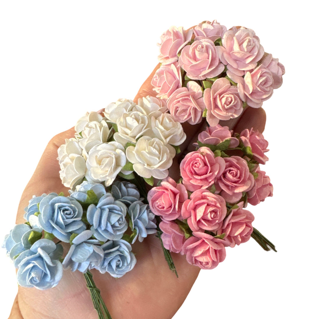 2cm Baby Blue Mulberry Paper Flowers - 2cm Rounded Petal Roses - Baby Blue Roses - 10 Pcs / 50 OR 100 Pcs