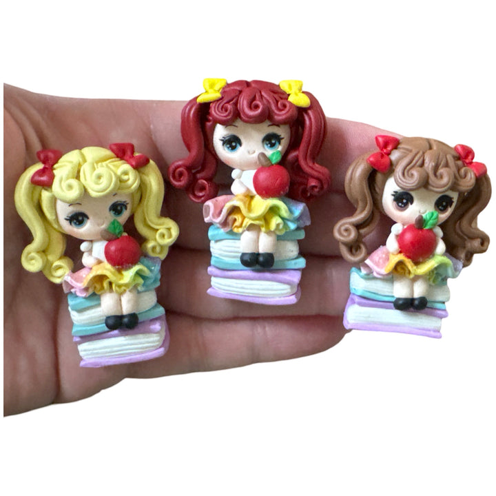 School Rainbow Dress Girl with Apple on Books Bow Clay Embellishments - Temptress Maker - Choice of 3 styles