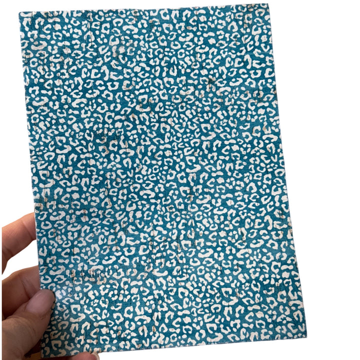 Deep Turquoise Blue & White Leopard Leather Backed Cork Sheet for Earrings - Printed Genuine Leather