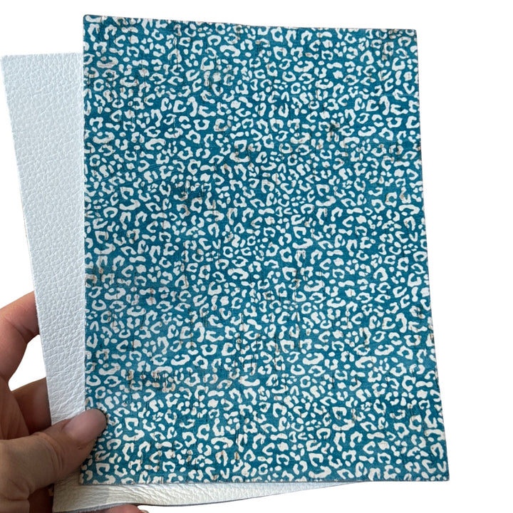 Deep Turquoise Blue & White Leopard Leather Backed Cork Sheet for Earrings - Printed Genuine Leather