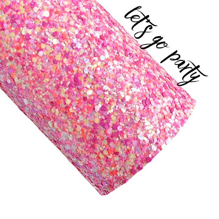 Lets go Party Pink Chunky Glitter Leather | Available in Rolls| Pink Fluro Mix Chunky Glitter