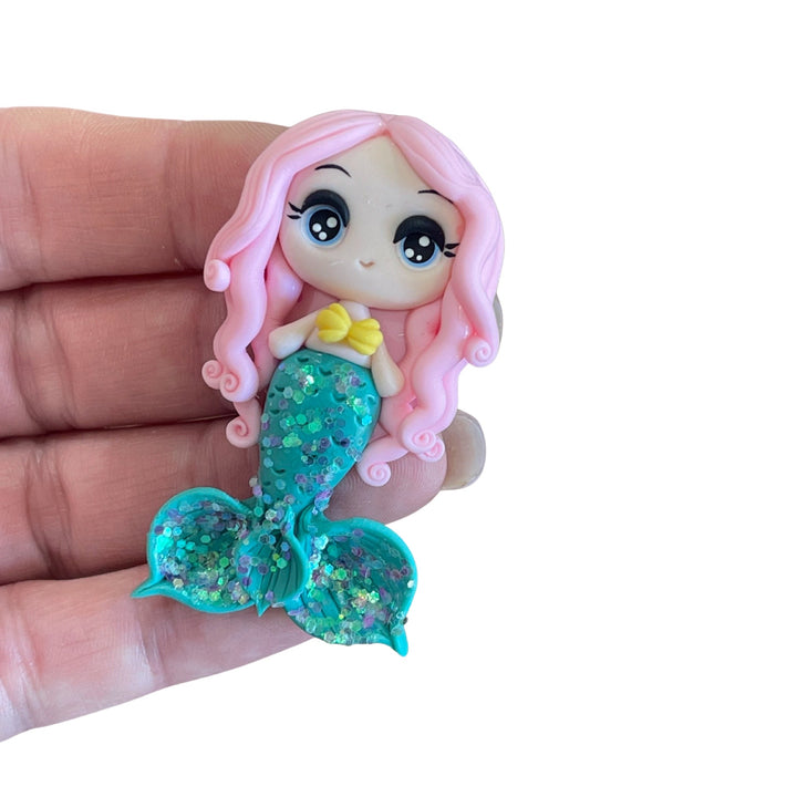 Pink Hair Aquamarine Mermaid Bow Clay