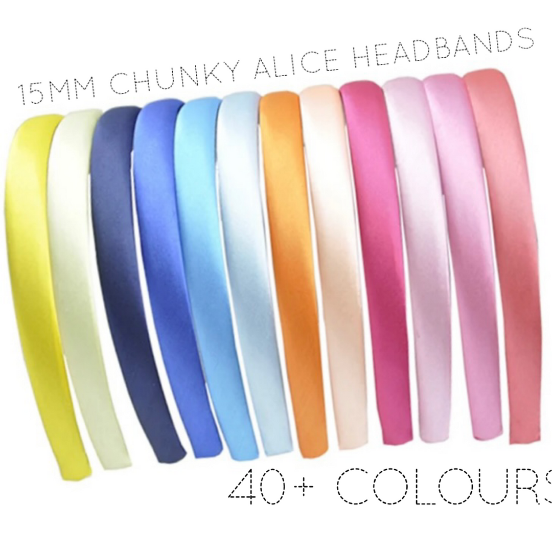 15mm Chunky Satin Alice Headbands - 45 Colours
