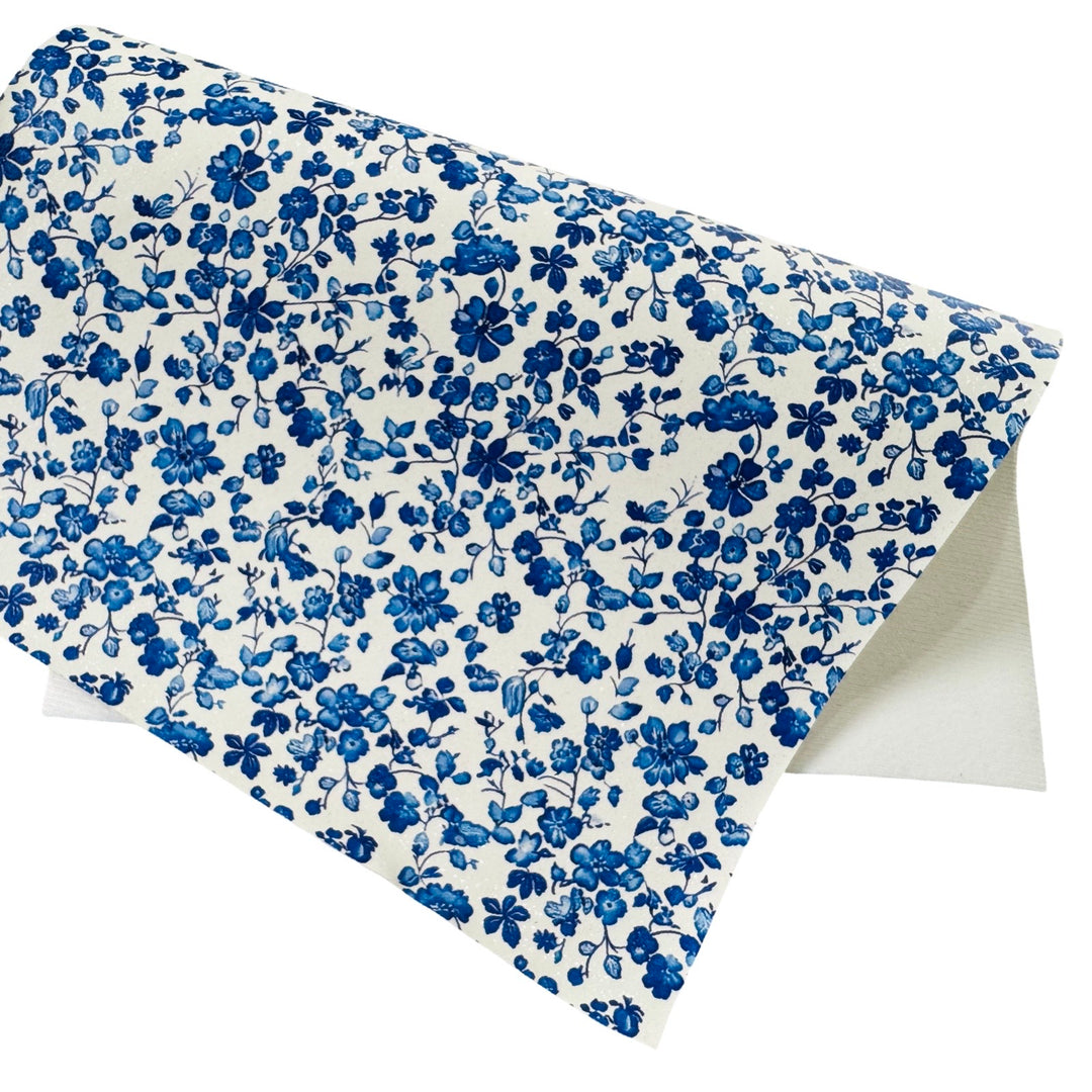 Blue White Ditsy Floral Custom Print Faux Leatherette