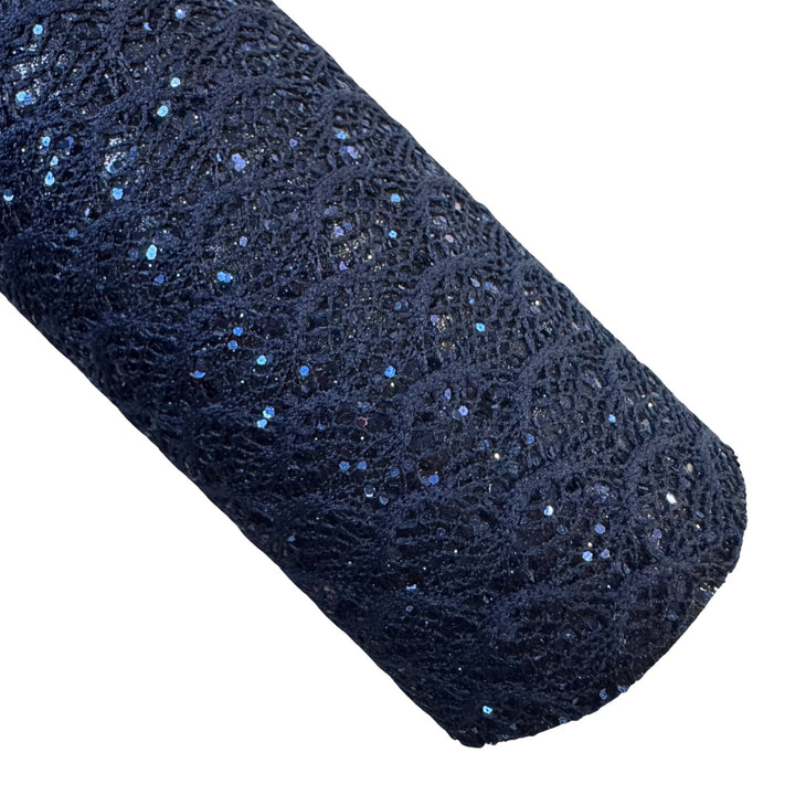Navy Chunky Glitter Lace Leatherette