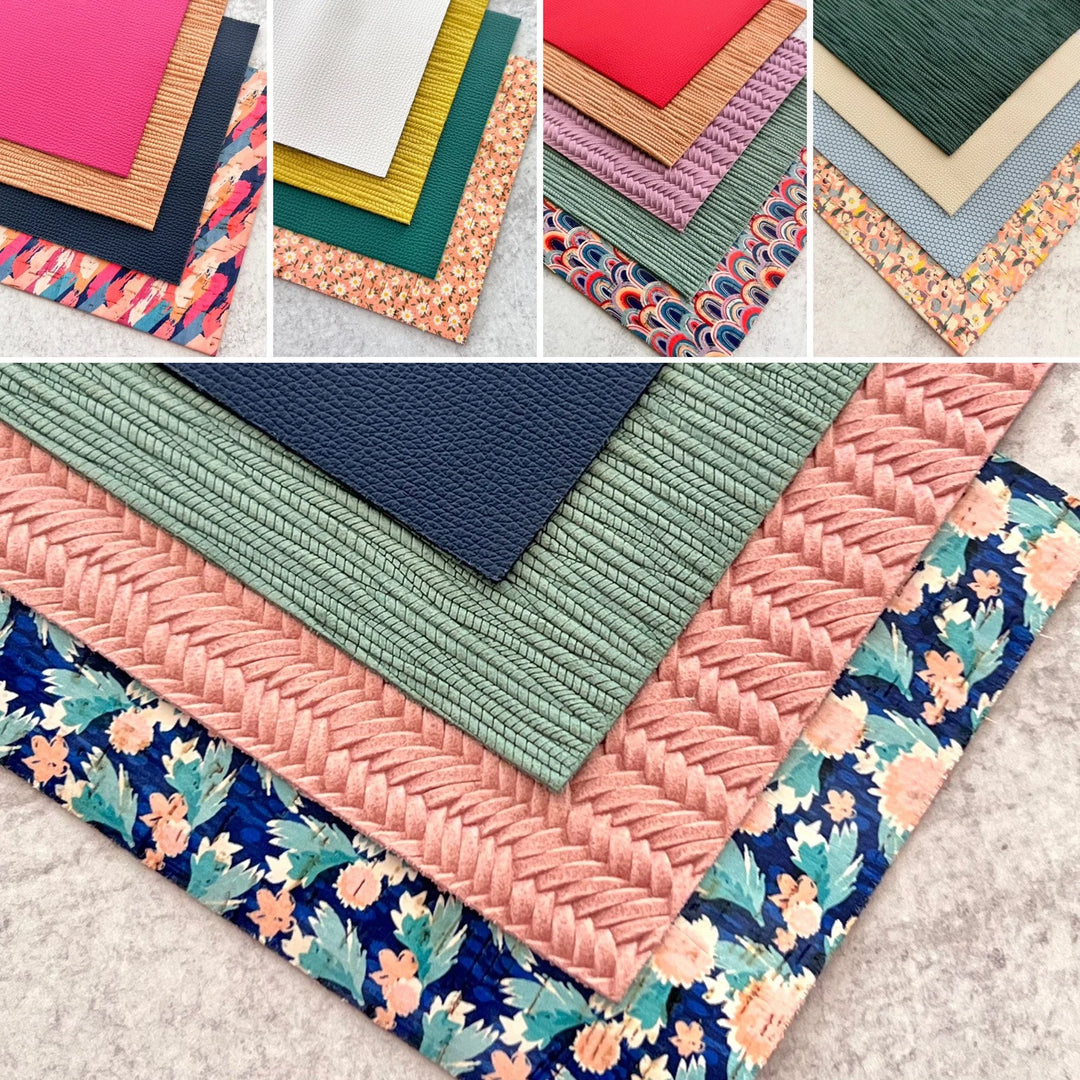 Rose Pink & Navy Summer Floral Leather Backed Cork Sheet - Genuine Printed Leather