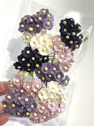 10mm Sweetheart Blossoms Mulberry Paper Flowers - Bulk 50 Mixed Purples