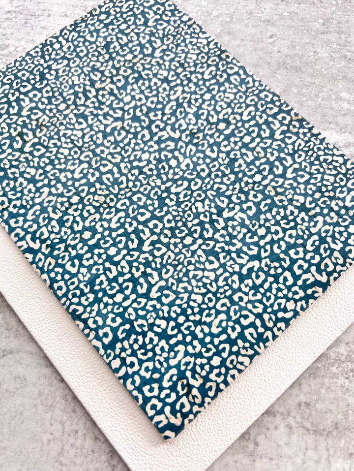 Deep Turquoise Blue & White Leopard Leather Backed Cork Sheet for Earrings - Printed Genuine Leather