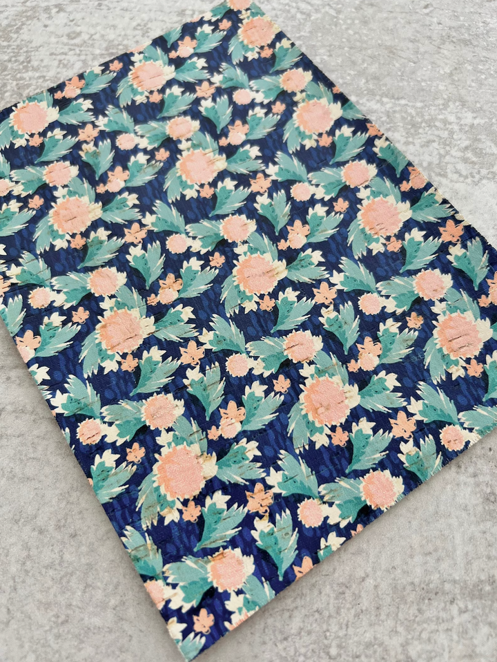 Rose Pink & Navy Summer Floral Leather Backed Cork Sheet - Genuine Printed Leather