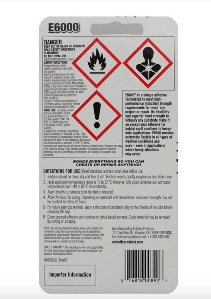 E6000 Clear Adhesive Industrial Strength - 54.2g 2oz (road freight only, no international orders)