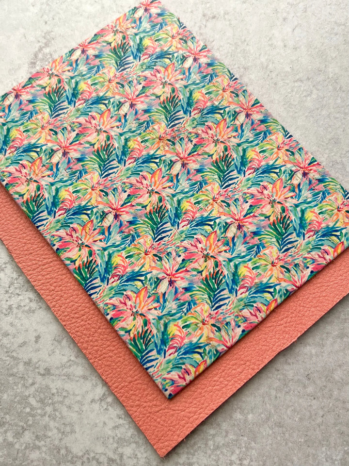 PRE ORDER Tropical Floral Leather Backed Cork Sheet, Trendy Unique Summer Flowers Print Cork Leathe for DIY Earrings - Genuine Printed Leather