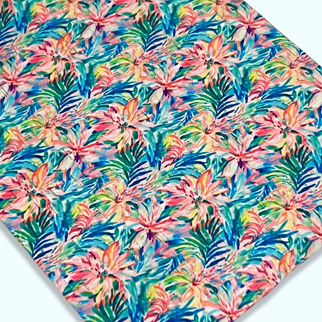 PRE ORDER Tropical Floral Leather Backed Cork Sheet, Trendy Unique Summer Flowers Print Cork Leathe for DIY Earrings - Genuine Printed Leather