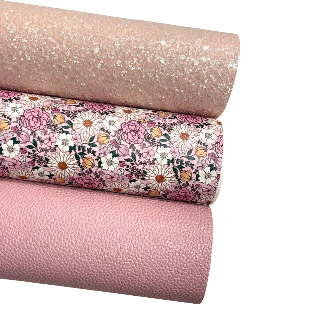 Spring Pink Boho Floral Leatherette Glitter Bundle