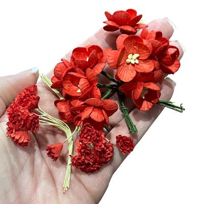 10 Pcs Mulberry Paper Flowers - 2cm Cherry Blossoms - Red