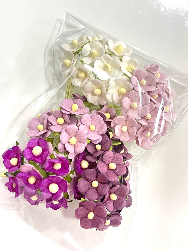PREORDER Mixed Purples 15mm Sweetheart Blossoms Mulberry Paper Flowers - Bulk 50 Pack