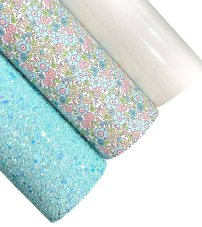Aqua Blue and Pink Floral Glitter Leatherette Bundle