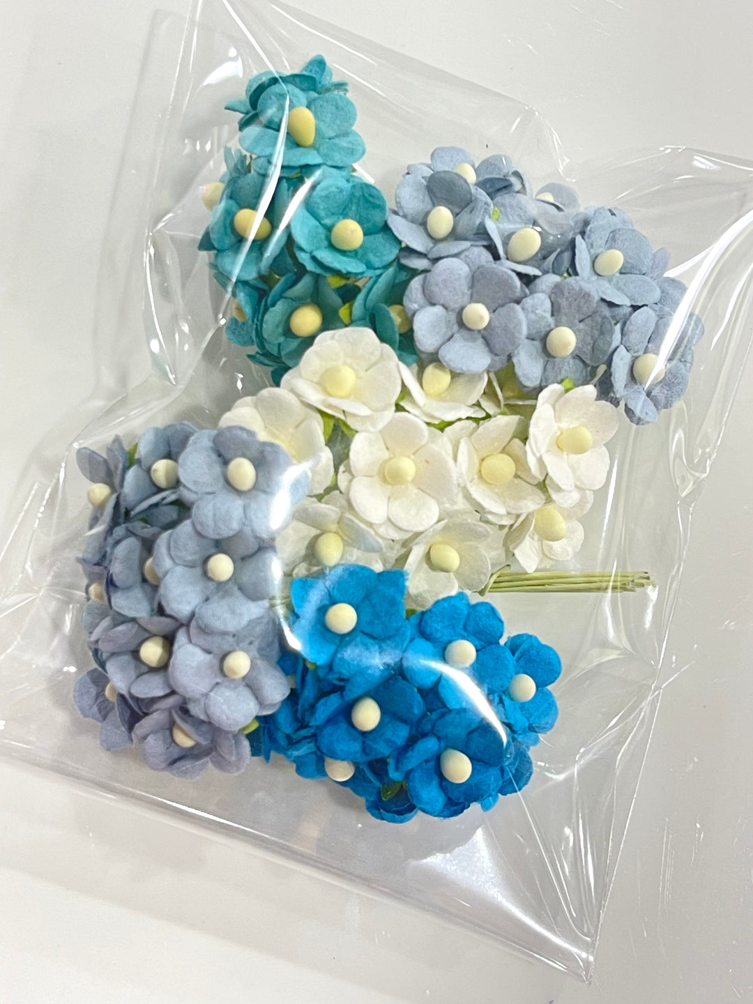 PREORDER Mixed Blues 15mm Sweetheart Blossoms Mulberry Paper Flowers - Bulk 50 Pack
