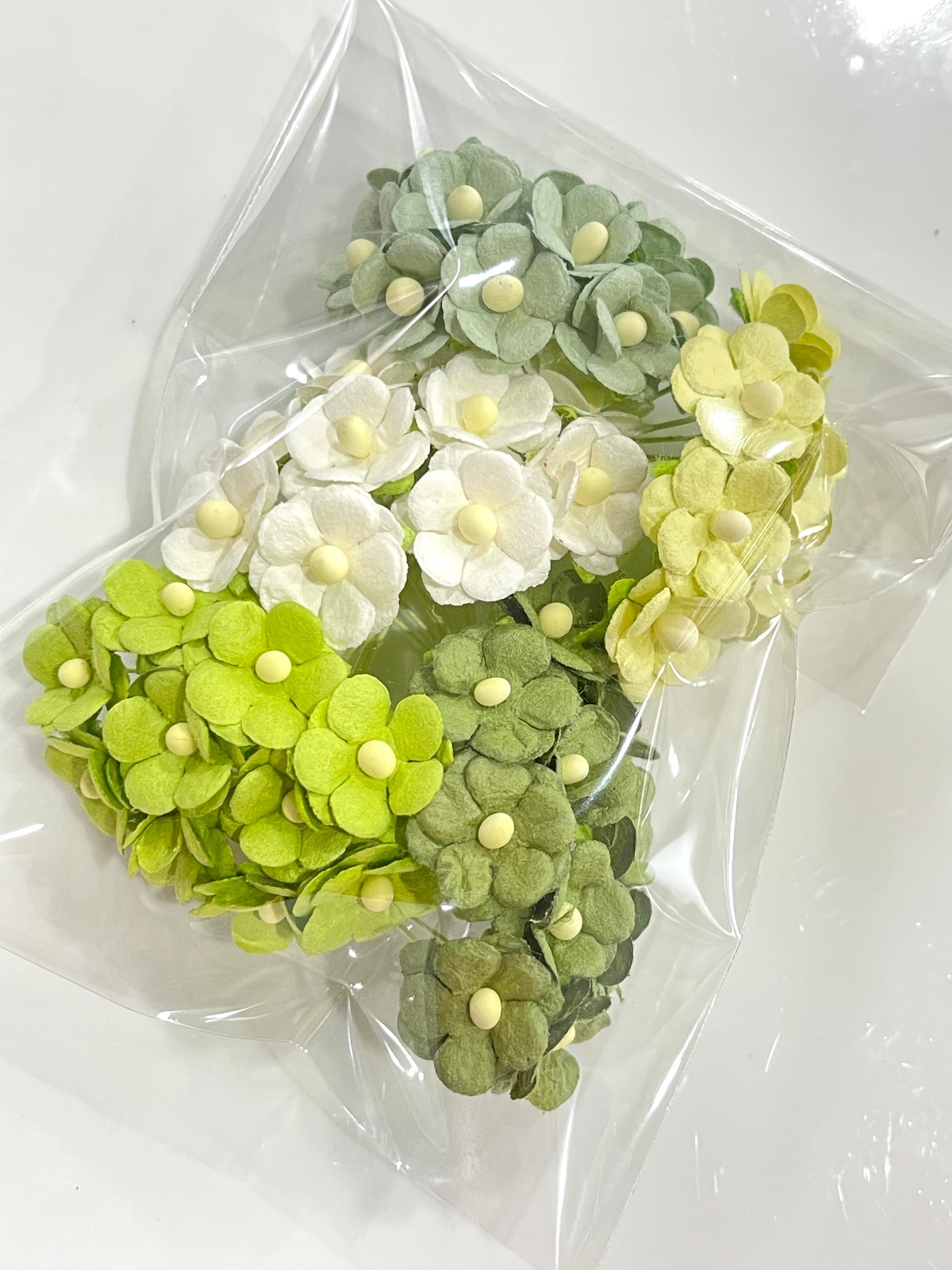 Mixed Greens 15mm Sweetheart Blossoms Mulberry Paper Flowers - Bulk 50 Pack