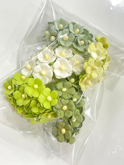 Mixed Greens 15mm Sweetheart Blossoms Mulberry Paper Flowers - Bulk 50 Pack
