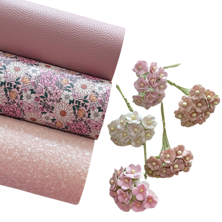 Spring Pink Boho Floral Leatherette Glitter Bundle