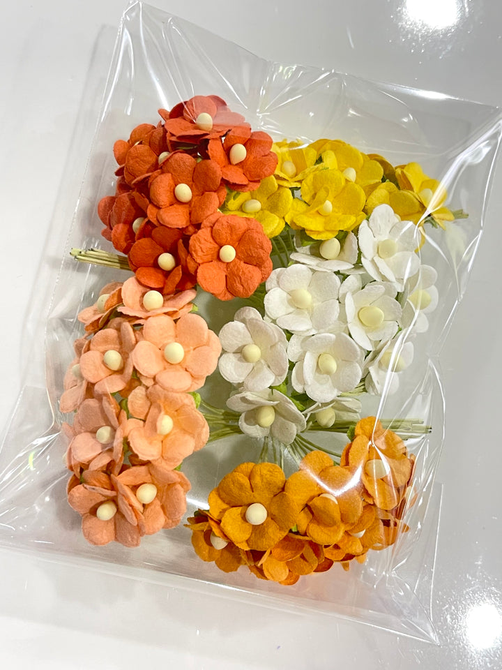 PREORDER Mixed Orange 15mm Sweetheart Blossoms Mulberry Paper Flowers - Bulk 50 Pack
