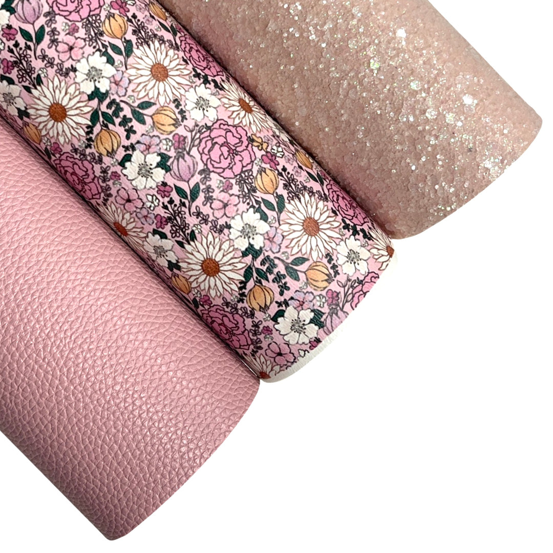Spring Pink Boho Floral Leatherette Glitter Bundle