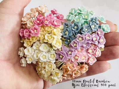 10mm BULK 100 Pack Pastel Miniature Mix Sweetheart Blossoms -  Mulberry Paper Roses  (10 colours, 10 stems per colour)