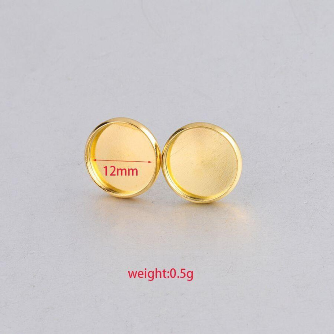 Plateaux de boucles d'oreilles cabochon en acier inoxydable doré, 12mm, 10/25 paires