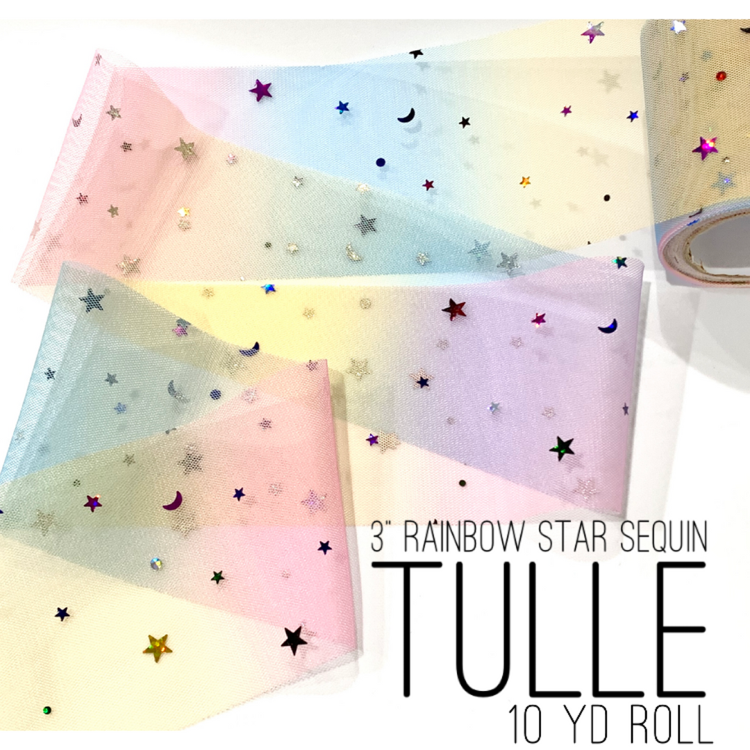 Pastel Rainbow Stars Sequin Tuille 3" 7.62cm x 10 Yard Roll