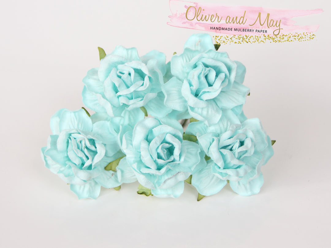 5 Pcs Mulberry Paper Flowers - 4cm Tea Roses - Soft Turquoise