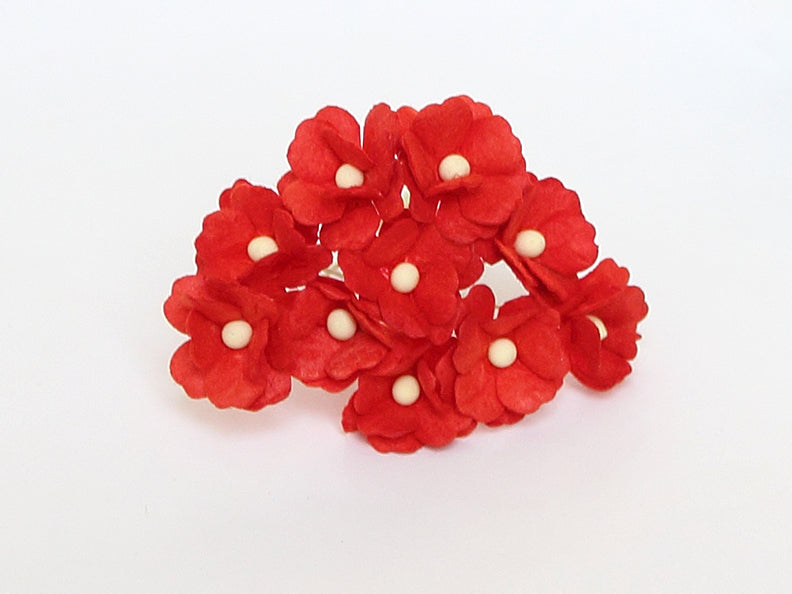 10 Pcs Mulberry Paper Flowers  1-2cm Cherry Blossoms - Red