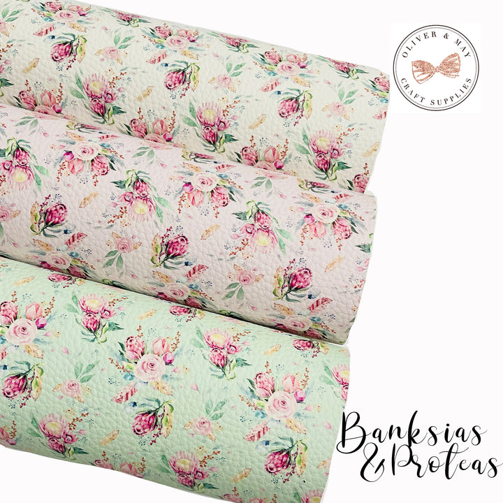 Banksia and Proteas Floral Print Faux Leatherette - Choice of 3 Colours - Litchi or Smooth