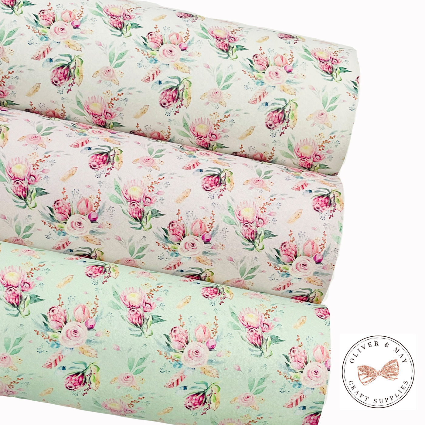 Banksia and Proteas Floral Print Faux Leatherette - Choice of 3 Colours - Litchi or Smooth