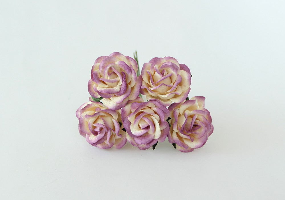 5Pcs - Mulberry Paper Flowers - 4cm Rounded Petal Roses - Lilac and Cream
