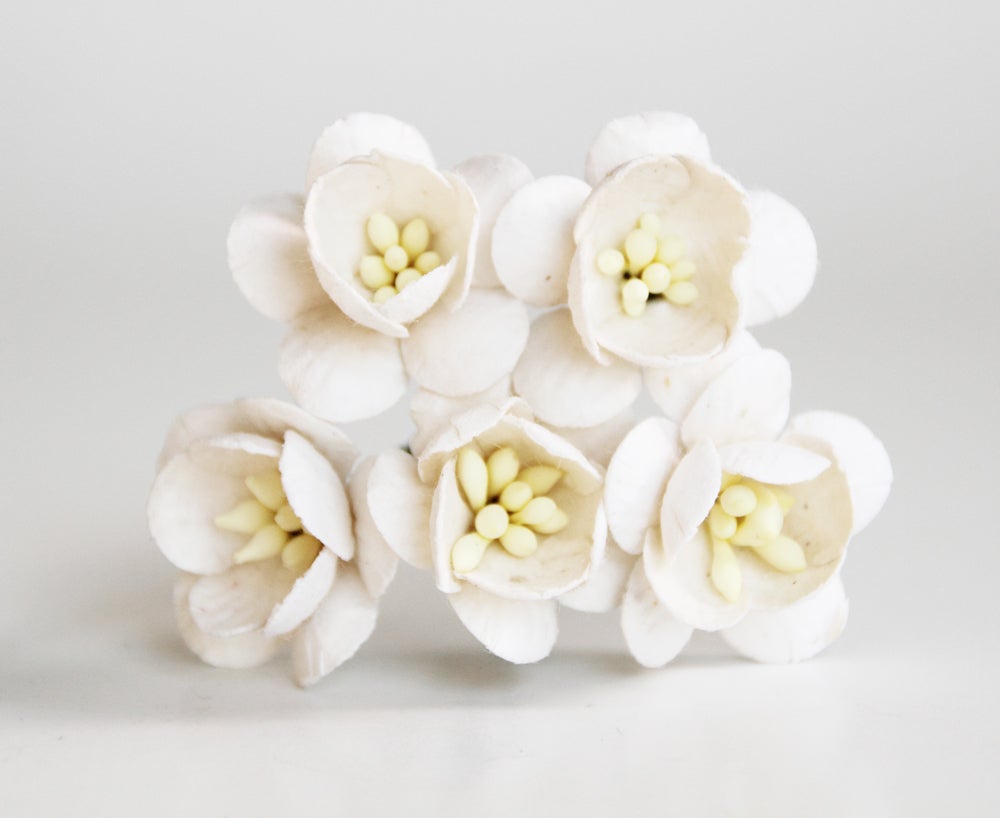 50 Pcs Mulberry Paper Flowers - 2.5cm Cherry Blossoms - White