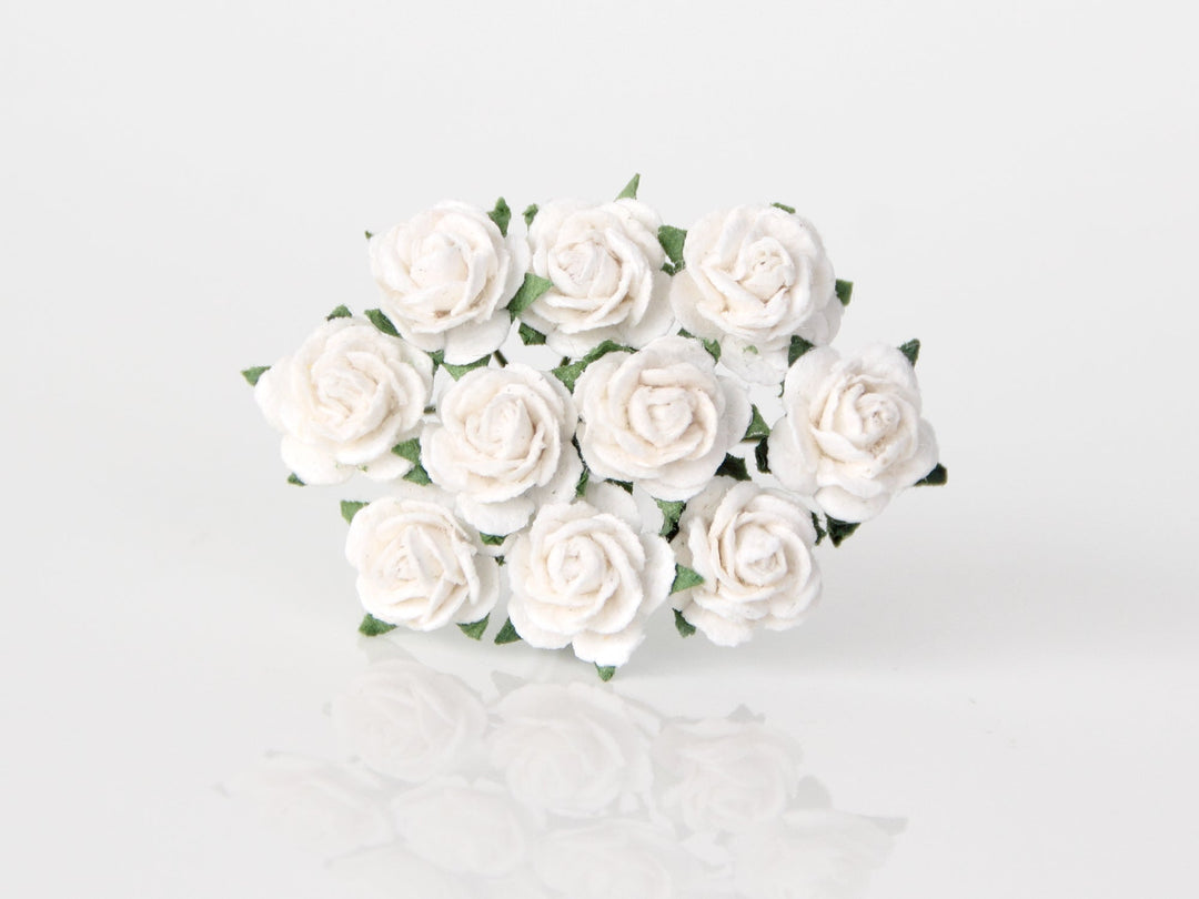 10 Pcs  Mulberry Paper Flowers - 1cm Rounded Petal Roses - White