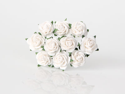 1cm White Mulberry Paper Flowers - 1cm Rounded Petal Roses - White - 10 pcs or Bulk 50 pcs