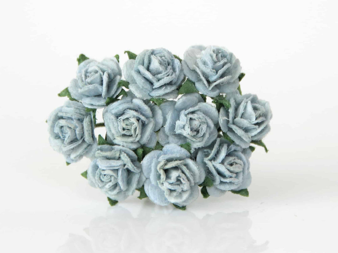 10 pièces - Fleurs en papier de mûrier - Roses à pétales arrondis de 1 cm - Bleu gris 