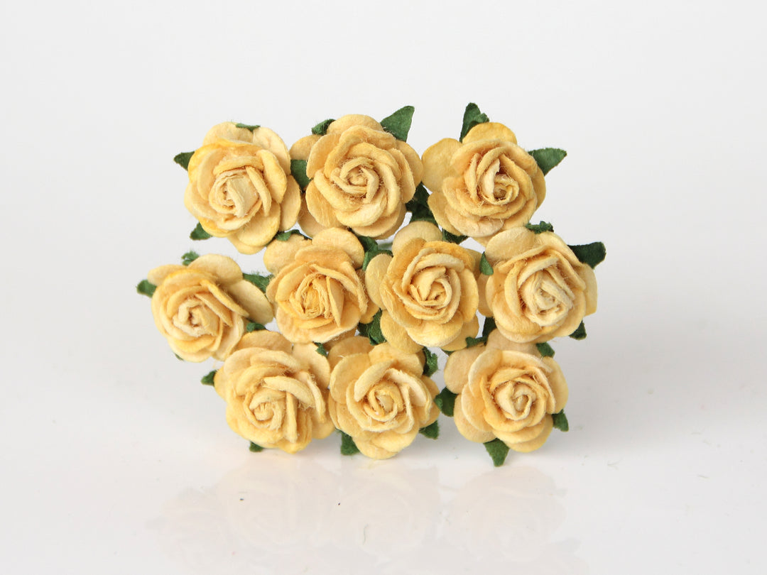 10 pièces - Fleurs en papier de mûrier - Roses à pétales arrondis de 1,5 cm - Jaune 
