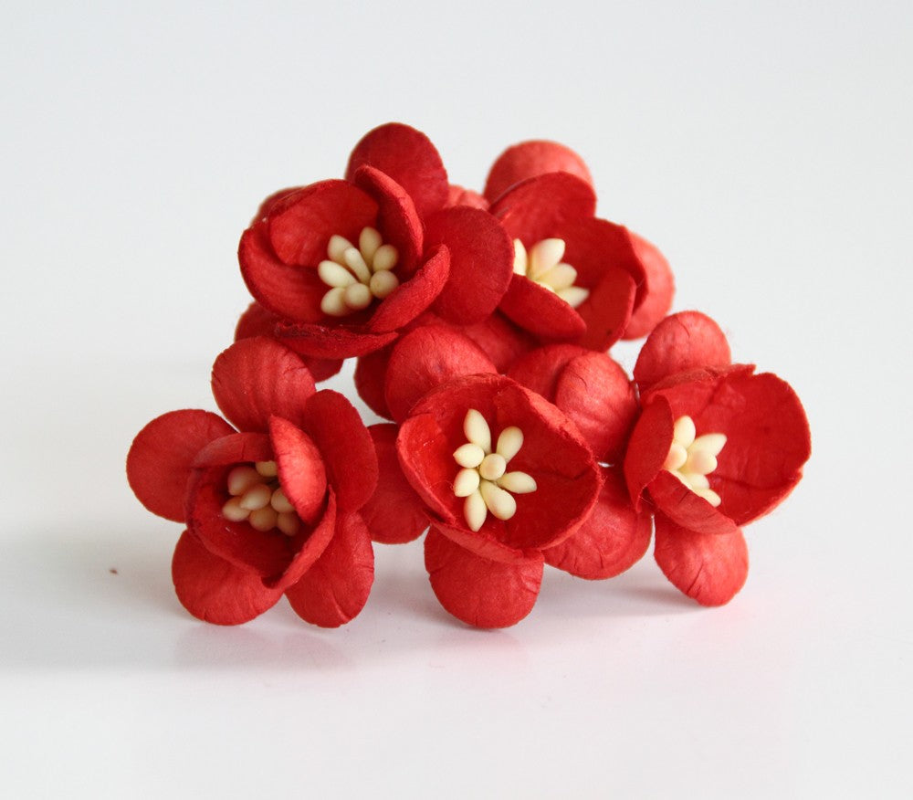 10 Pcs Mulberry Paper Flowers - 2cm Cherry Blossoms - Red
