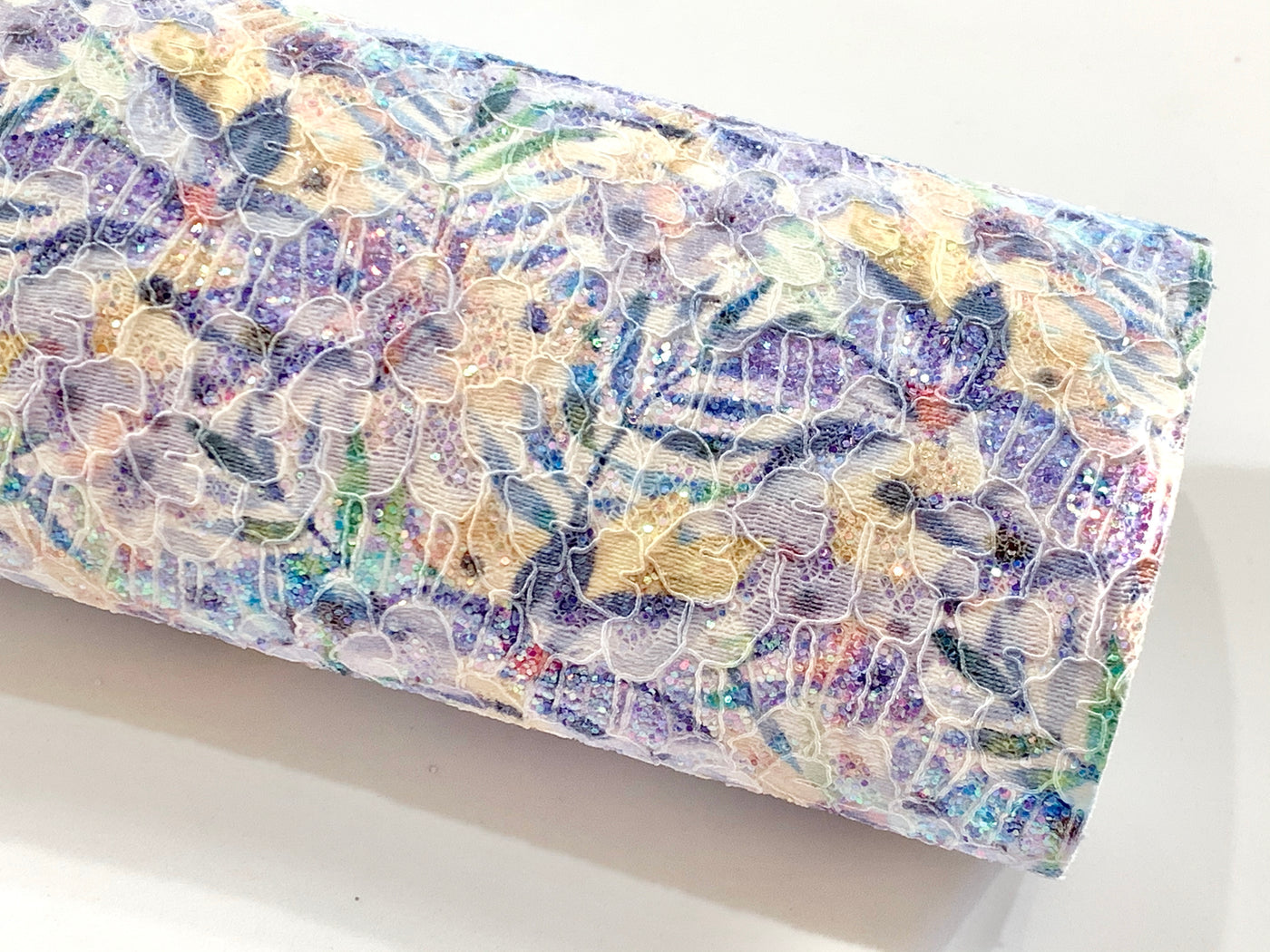 Summer Palm Floral Glitter Lace Fabric Sheet A4 - Glitter Lace Purple and Yellow