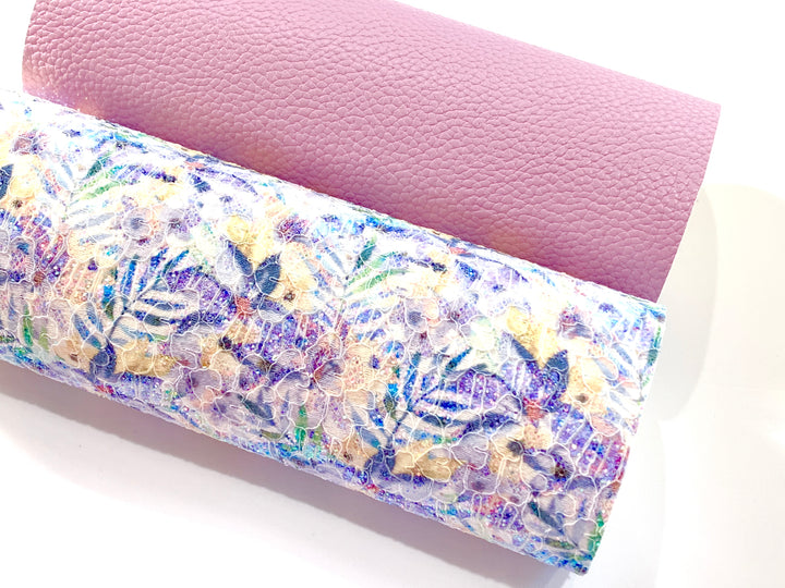 Feuille de tissu en dentelle pailletée florale Summer Palm A4 - Dentelle pailletée violet et jaune