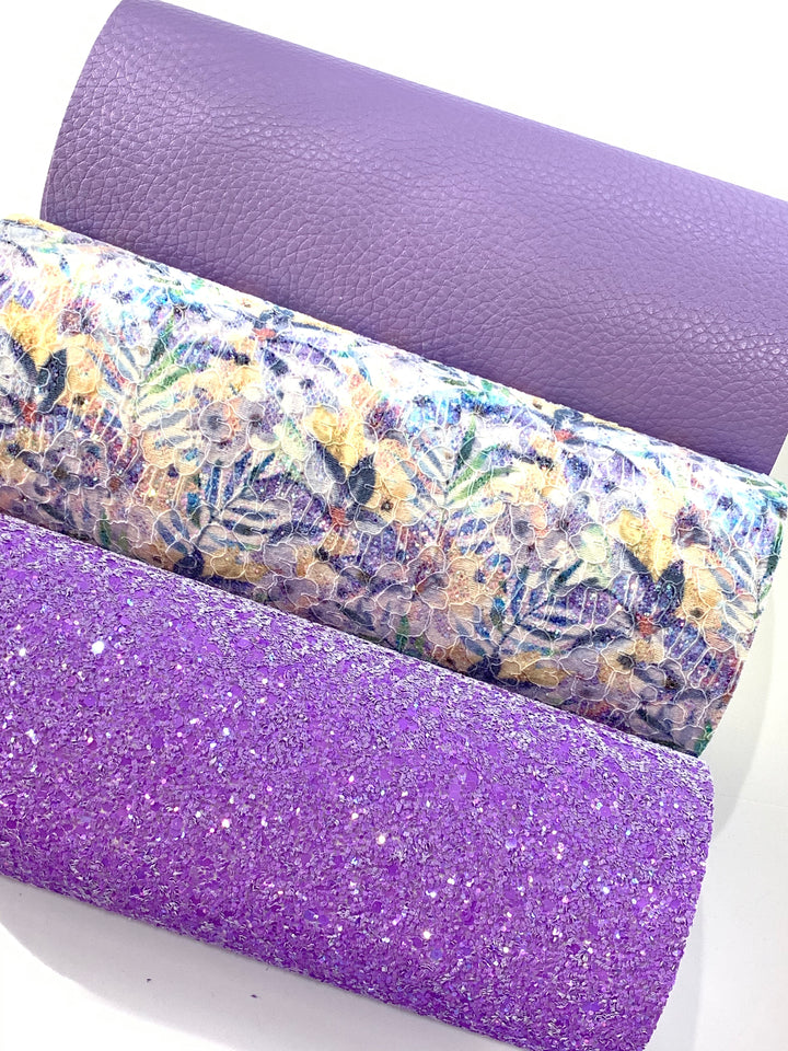 Feuille de tissu en dentelle pailletée florale Summer Palm A4 - Dentelle pailletée violet et jaune