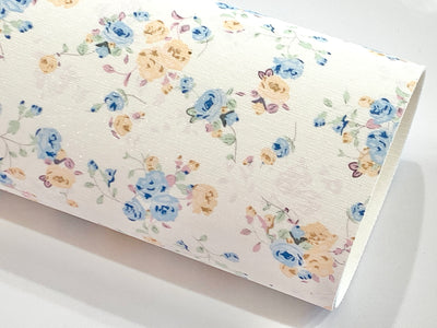 Blue Yellow Floral Glitter Suede Fabric Sheet