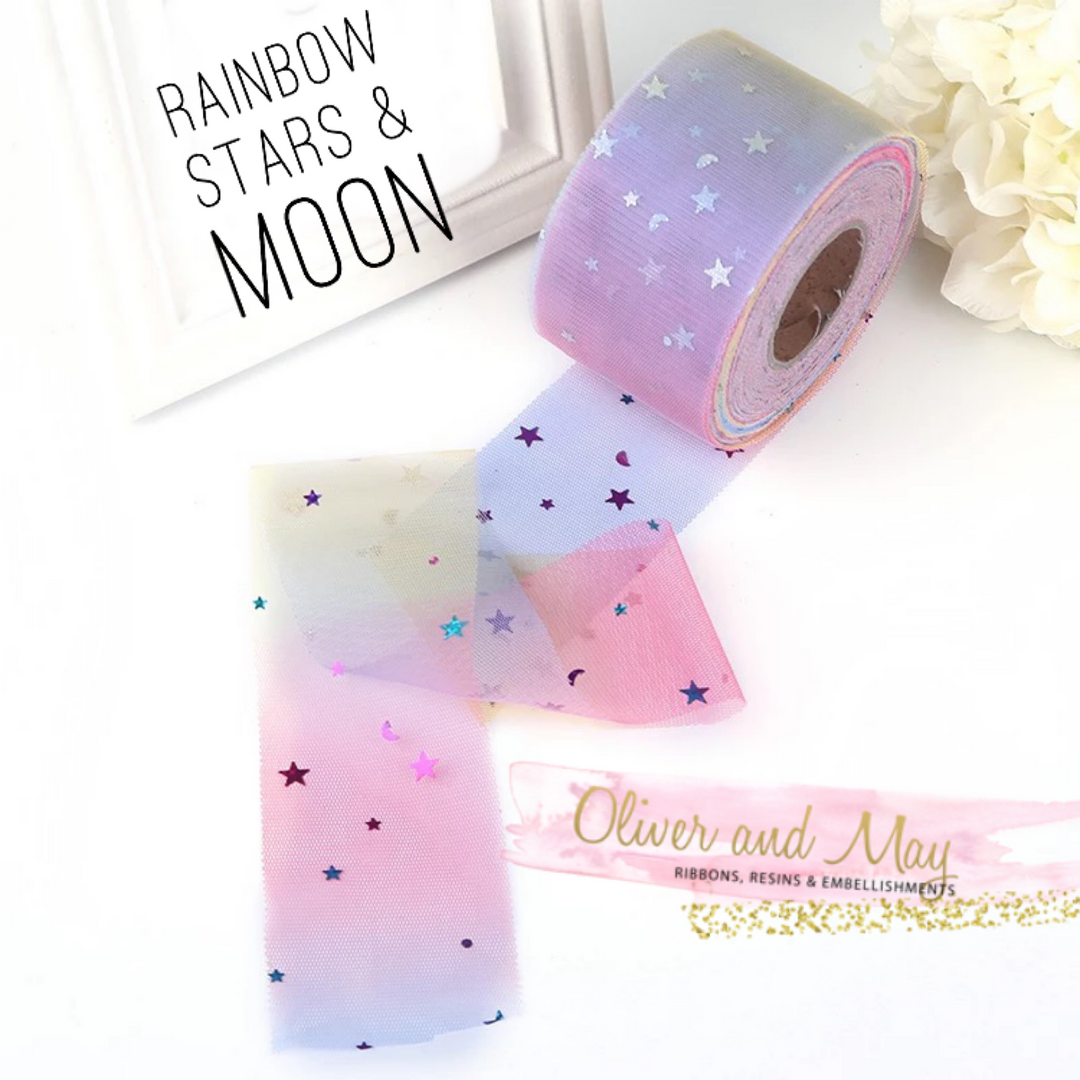 Rainbow Stars & Moon Sequin Tulle 2.16" 5.5cm x 5 Yard Lot