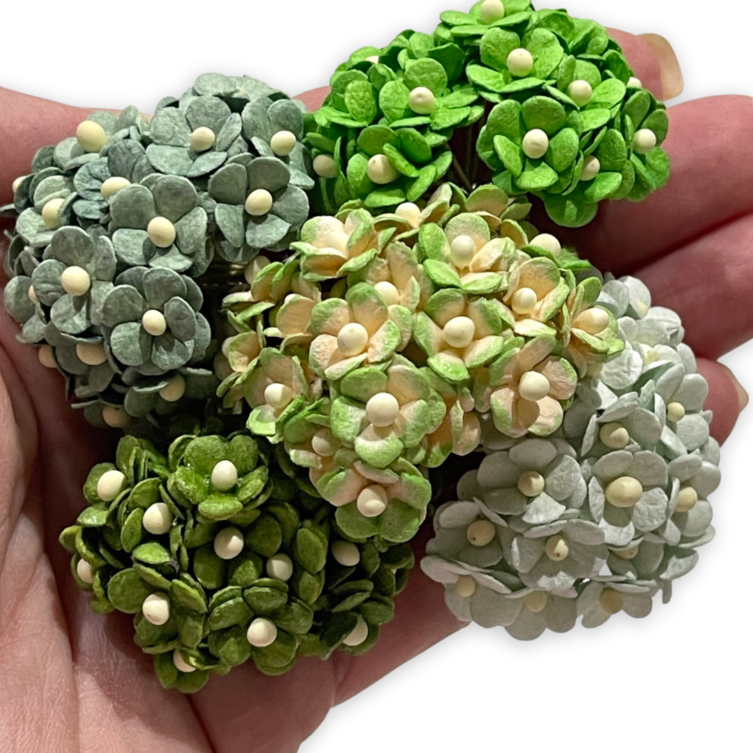 10mm Miniature Green Mix Sweetheart Blossoms Mulberry Paper (Pack of 5 colours, 100 stems)