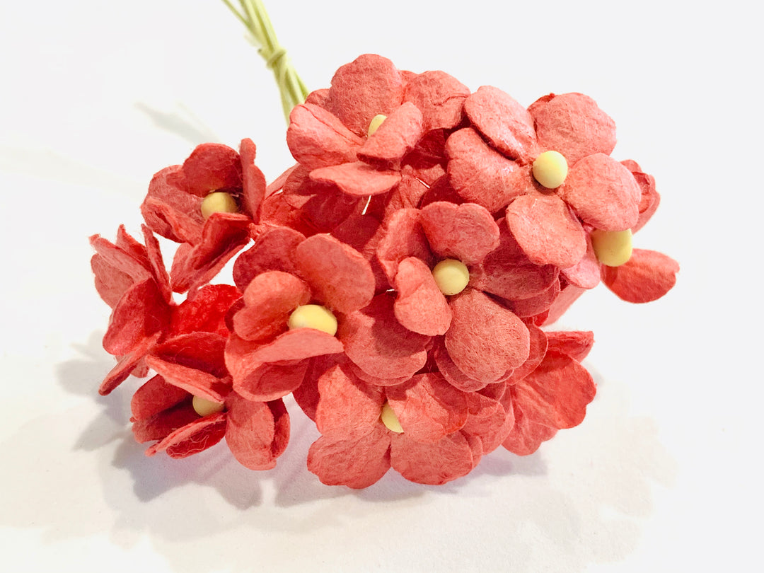 10 Pcs Mulberry Paper Flowers  1-2cm Cherry Blossoms - Watermelon Red