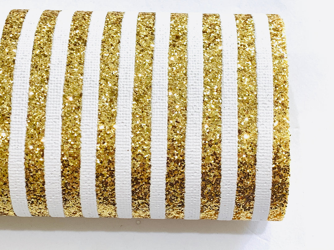 Gold & White Stripe Glitter Fabric 0.9mm A4 Sheets